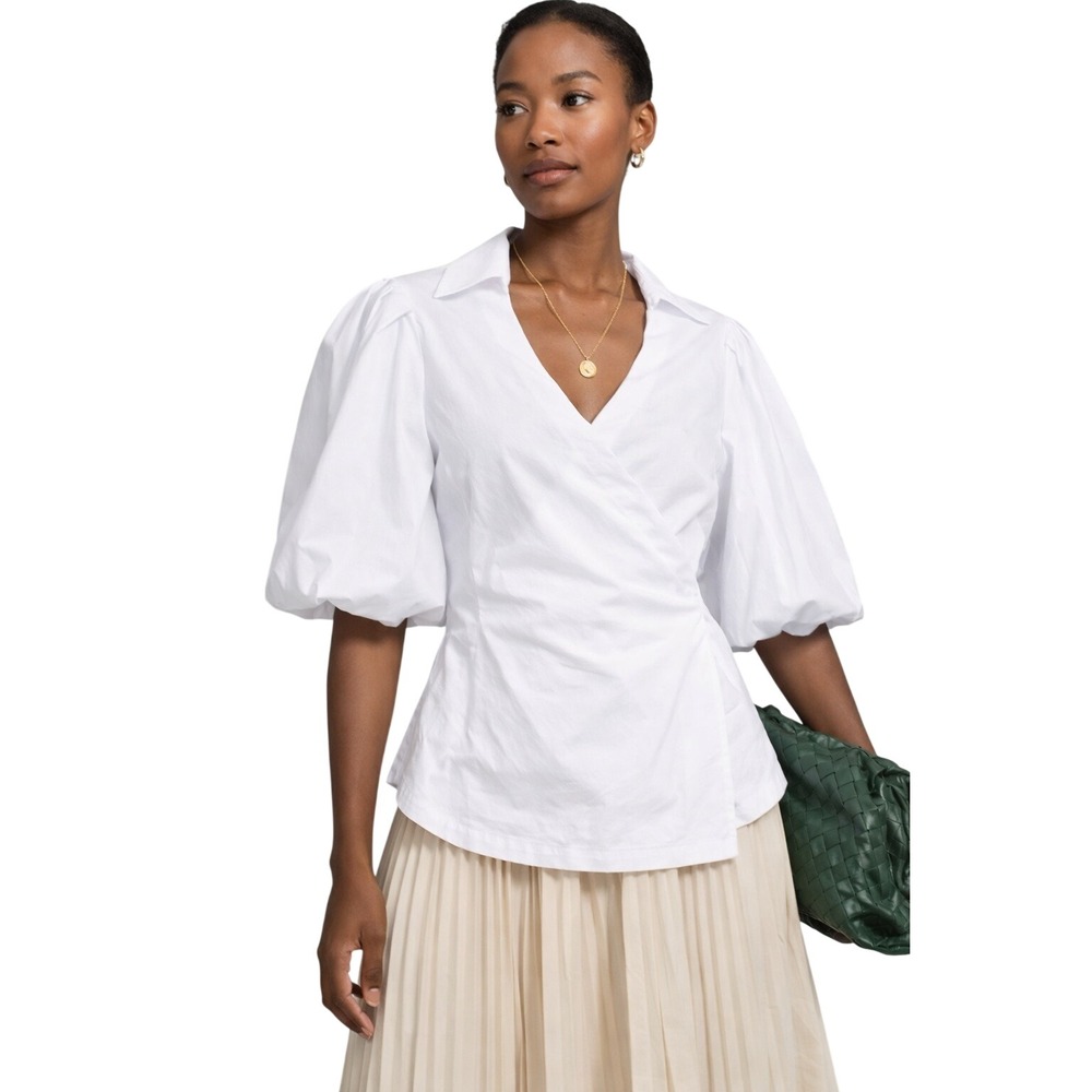JONATHAN SIMKHAI White Puff Sleeve Faux Wrap‎ Blouse Poplin Top M